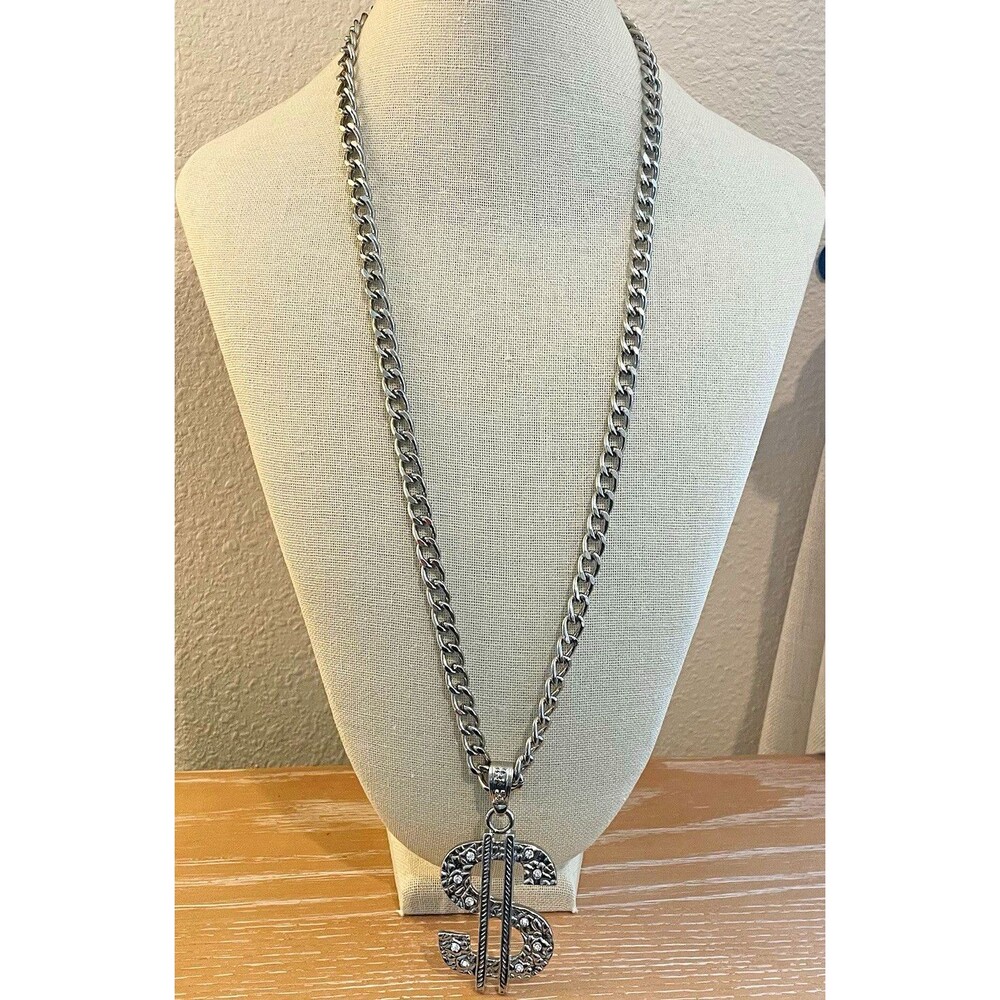 Hip-hop Style Silver Tone Dollar Sign Pendant Long Necklace Clear Crystal